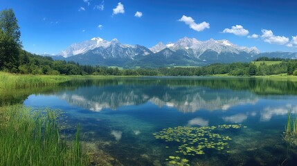 Obraz premium Majestic mountain range reflected perfectly in the clear blue lake water