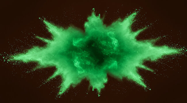 A bold green powder explosion creating a striking effect on a chocolate brown background