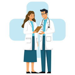 Illustration of male and female doctors discussing with a clipboard  