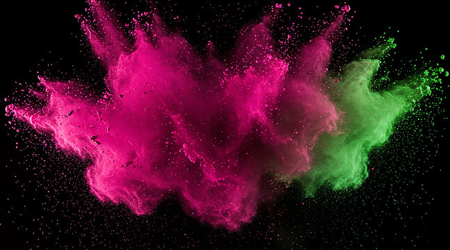 A bold combination of neon pink and green powders exploding against a black background