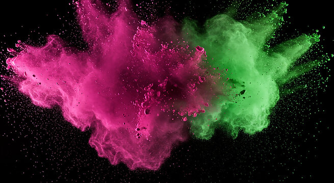 A bold combination of neon pink and green powders exploding against a black background