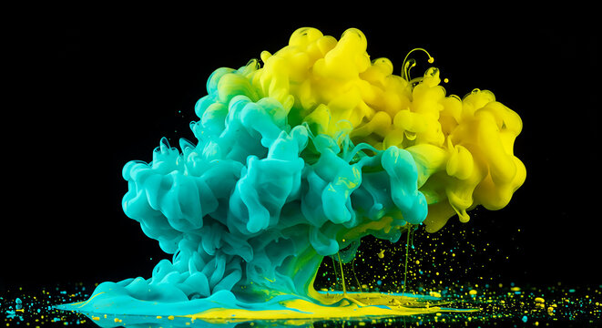 A vibrant turquoise and yellow dry paint collision forming a cloud on a black backdrop