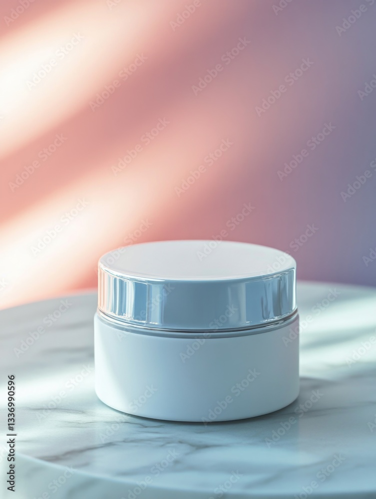 Poster a white container sits atop a marble table, perfect for decorative or practical use