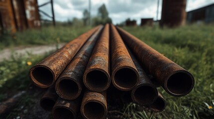 Rusty metal pipes stacked outdoors