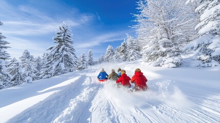 Family Fun on Snowy Hillside: Winter Wonderland Sledding Adventure