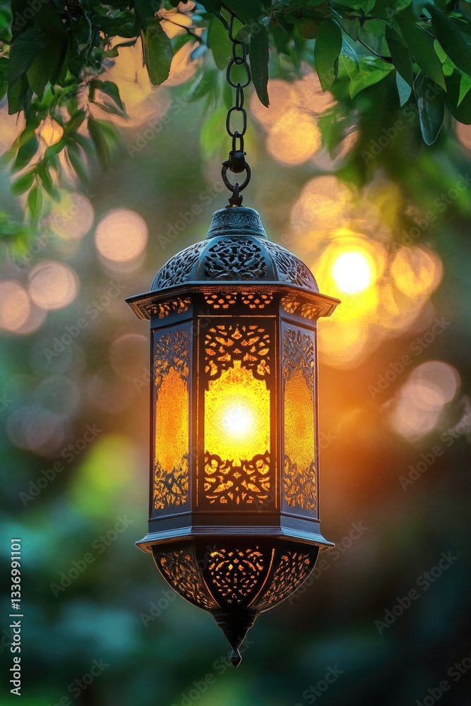 Poster A lantern hangs from a tree branch as the sun shines in the background, creating a warm and cozy atmosphere