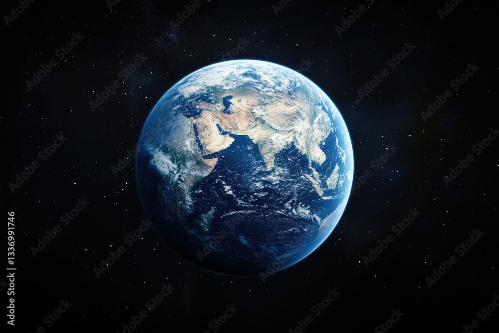 Poster view of the earth from space with stars in the background, ideal for space-related or environmental 