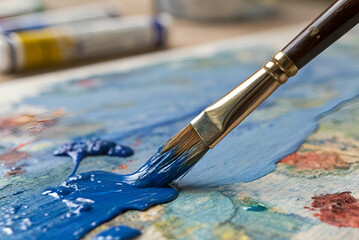Fototapeta premium Vibrant Blue Paint Mixing with Colors on Palette with Brush in View, Artistic Close-Up of Creative Process in Fine Art Studio Environment