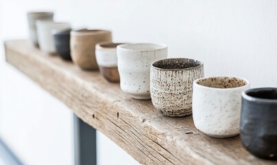 Rustic wooden shelf displays a row of small, handcrafted ceramic cups in varying earthy tones and textures