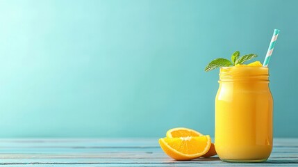Fototapeta premium Refreshing Orange Smoothie in a Mason Jar on a Blue Wooden Table