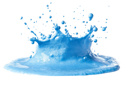 a blue liquid splashing into a white surface cutout image and isolated on transparent background 