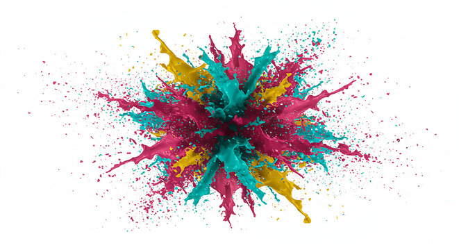 A vivid, multicolored burst of dry paint exploding in the center of a clean white backdrop