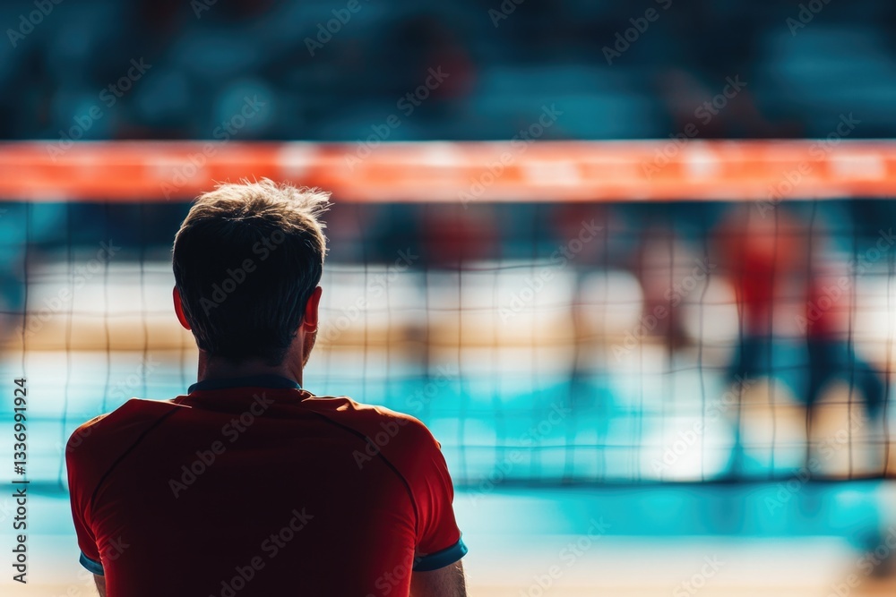 Poster a person standing in front of a volleyball net, ready to play or coach