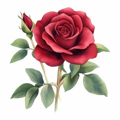 Vibrant red rose with lush green leaves.