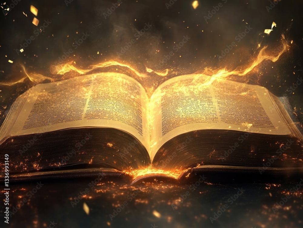 Poster An open book sits on a table with flames licking at the pages