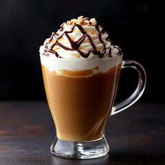 Stylish coffee drink with cream, caramel, and chocolate drizzle in a glass cup on a dark background.