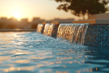 Water cascades over pool edge reflecting golden sunlight beautifully