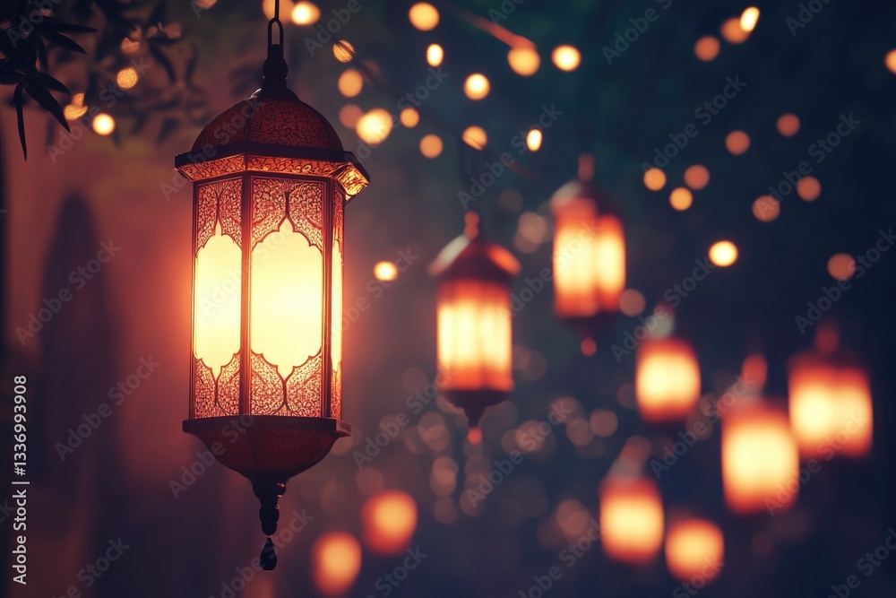 Aufkleber A lantern hangs from a tree branch with warm lights shining in the background