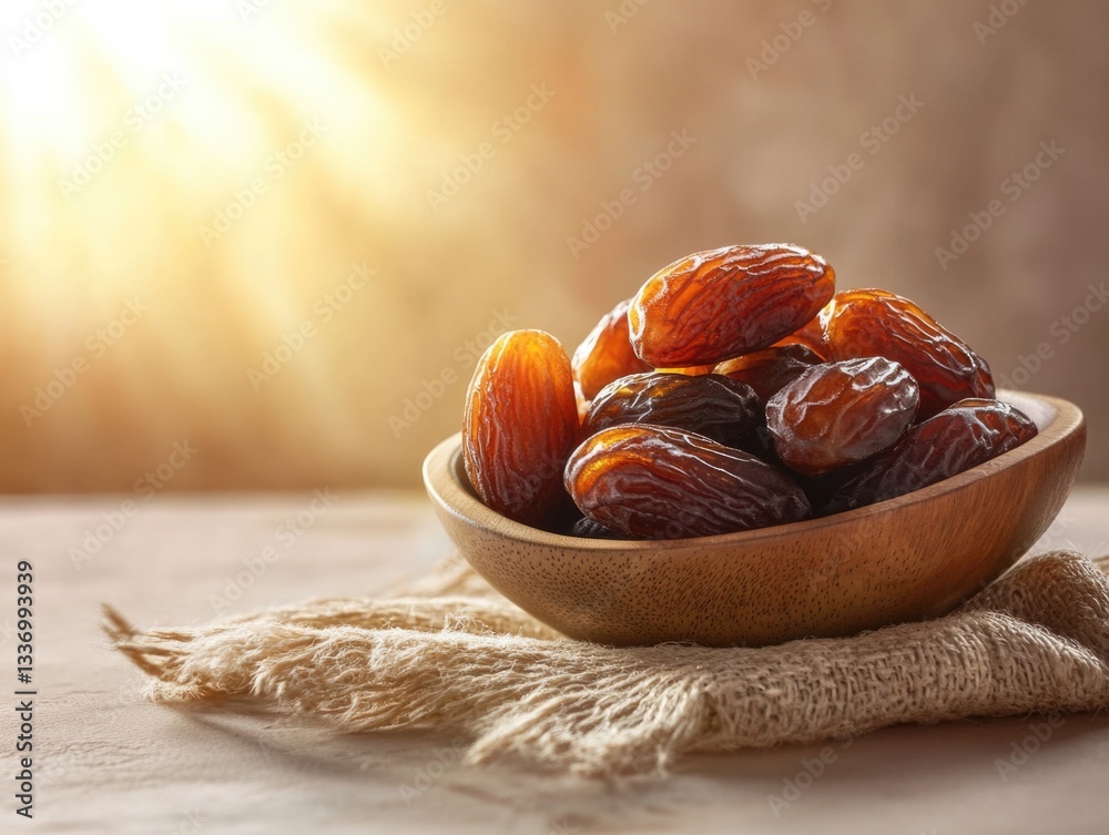 Aufkleber A wooden bowl filled with fresh dates placed on a table, perfect for snacking or serving as part of a meal