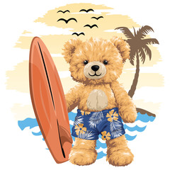 Cute bear holding a surfboard on a tropical beach at sunset  