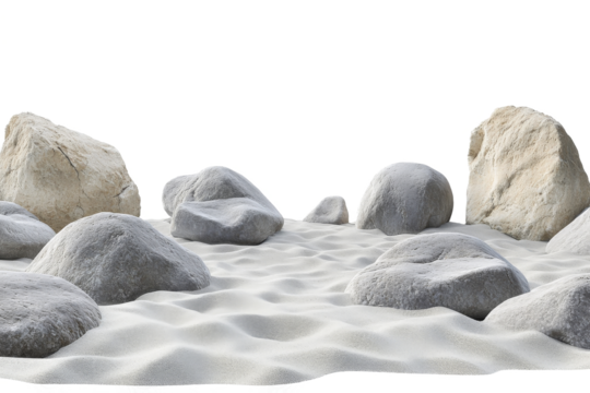 a bunch of rocks in the sand cutout image and isolated on transparent background 