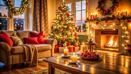 Obraz premium Cozy Holiday Home Interior: Warm Lights & Festive Decor Close-Up