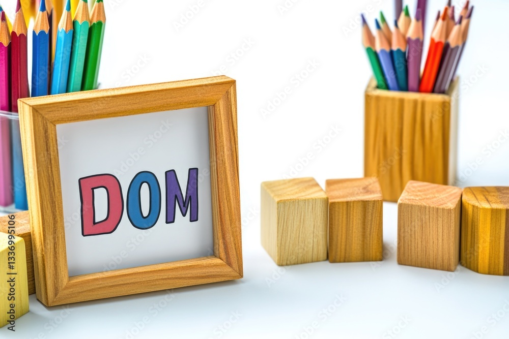 Poster a picture frame with the word dom surrounded by colorful pencils