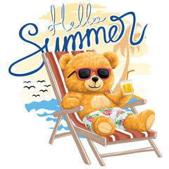Cute bear chilling on a beach chair with sunglasses and Hello Summer text