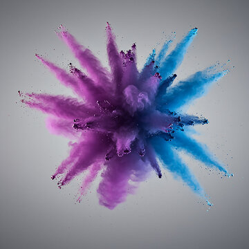 A soft yet energetic burst of purple and blue powders colliding on a neutral gray background