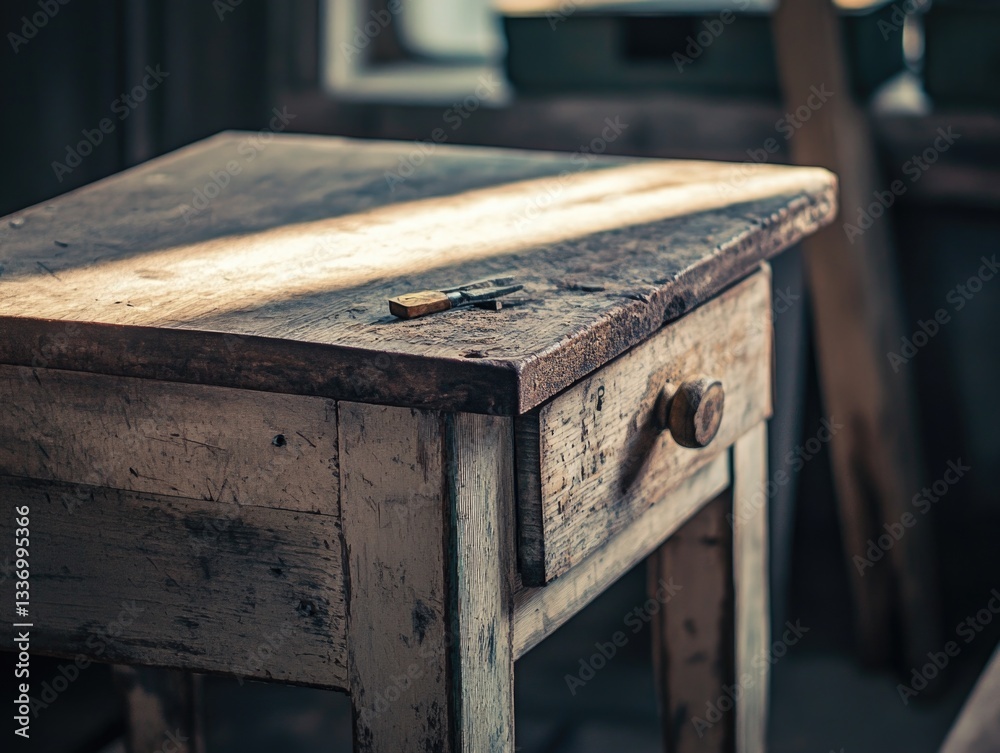 Poster A simple wooden table with a drawer on top, perfect for small spaces or rustic decor