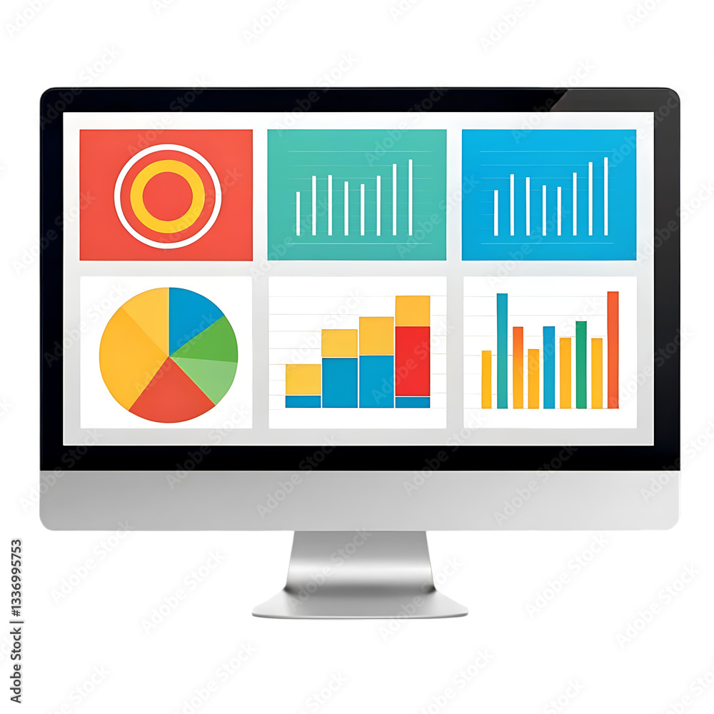 Poster colorful data charts on a computer screen.