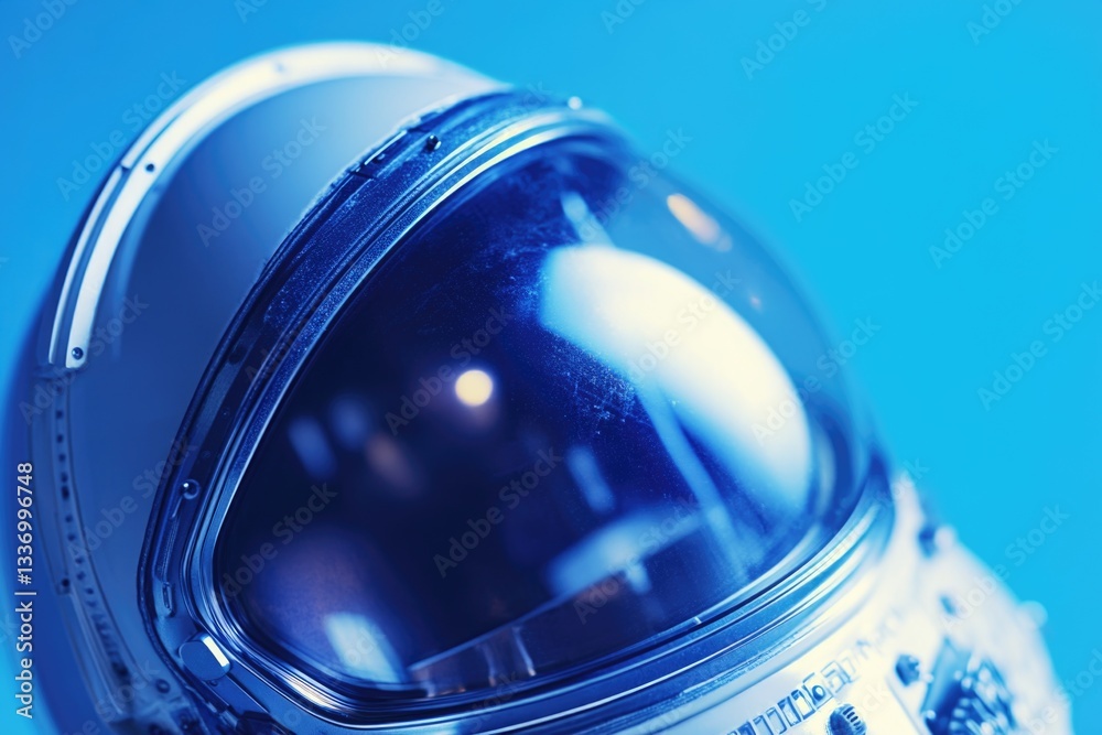 Poster close up view of an astronaut's helmet on a blue background, suitable for space-themed designs and c