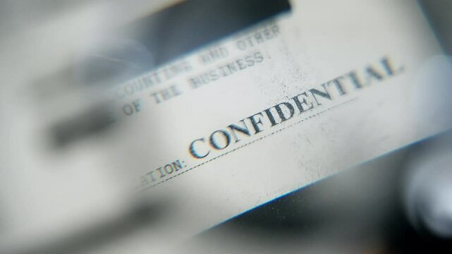 Close up on confidential text label on top secret government agency document. Magnifying glass passing over official stamp on photocopy of sensitive material leaked or revealed by spy or secret agent