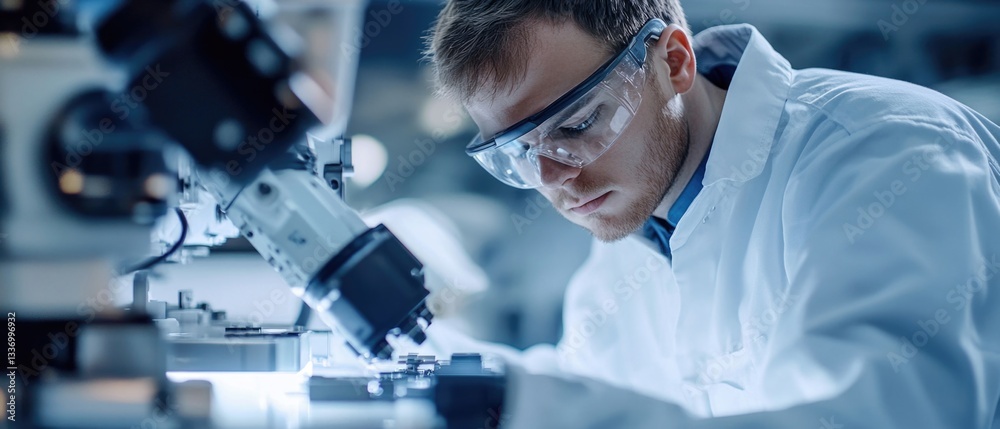 Poster A scientist in a lab coat examines microorganisms under a microscope