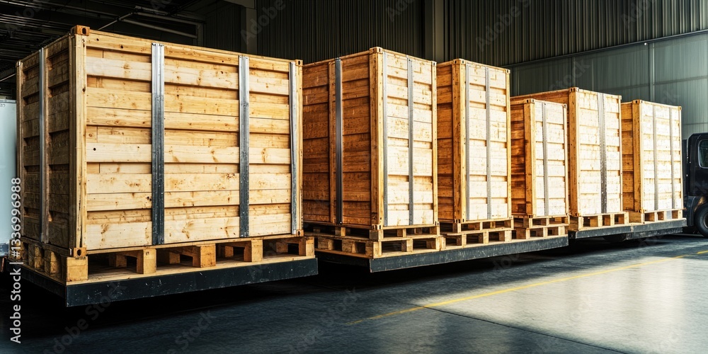 Poster A truck is parked next to a stack of pallets, ready for loading or unloading