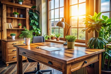 Obraz premium Cozy Wooden Desk Office Corner - Home Workspace Interior Stock Photo