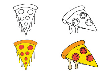Set of illustration of a pizza isolated on white background. pizza slice with salami melted cheese for pizzeria package and menu designs. Flat Vector illustration.