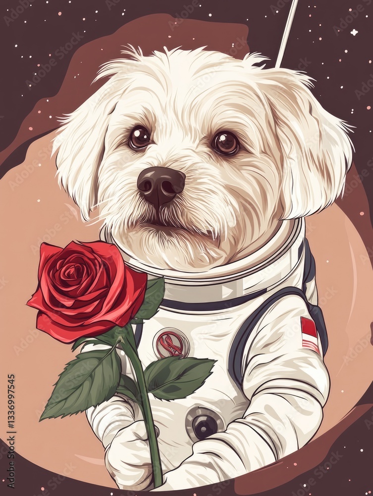 Poster a curious canine explores the cosmos while clutching a fragrant bloom