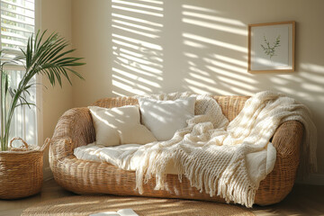 a cozy, light interior in the style of minimalism and boho. In the center of the composition is a wicker rattan sofa with soft pillows and a large knitted blanket. 