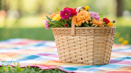 Obraz premium beautiful basket filled with colorful flowers sits on picnic blanket, capturing essence of summer, breeze, and joy