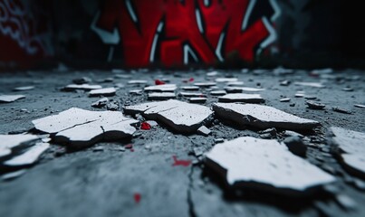 Naklejka premium Cracked concrete ground with red graffiti backdrop