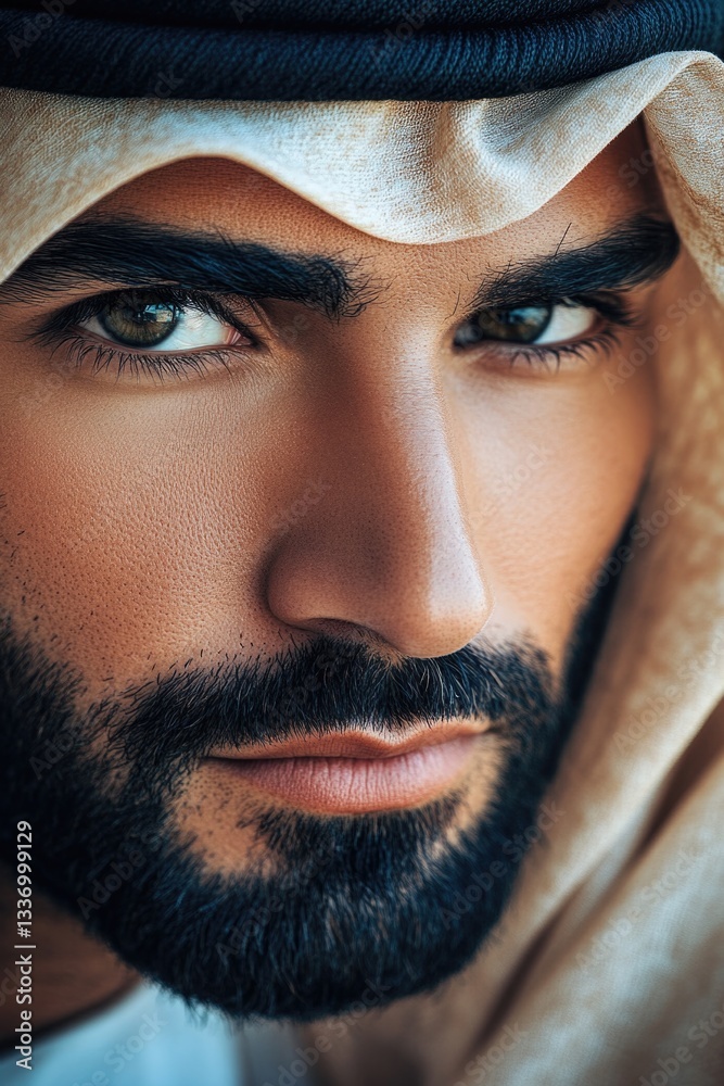 Poster a close-up shot of a man with a long beard, looking directly at the camera