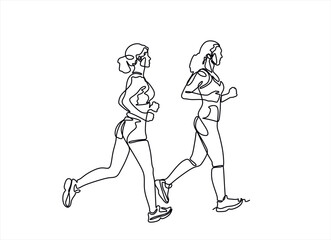 Continuous line drawing of a two women jogging. Group people healthy lifestyle. Fitness concept.
