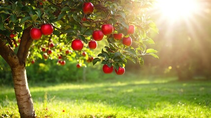 beautiful big red apples on tree branch, fruitful red apple tree with sunlight at orchard 
