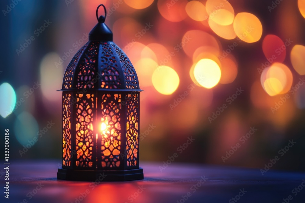 Poster a lit candle sits on a table with soft lights in the background, great for romantic dinner or evenin