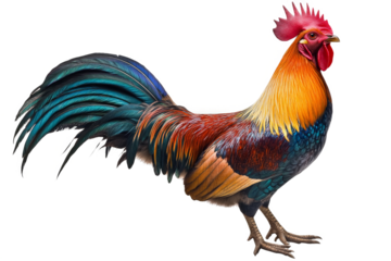 a rooster with a red and blue tail cutout image and isolated on transparent background 