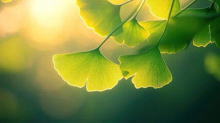 spring season backlight green gingko leaves with gentle sunlight, peaceful background