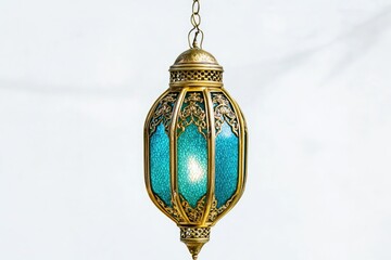 A blue and gold lantern hanging from a chain