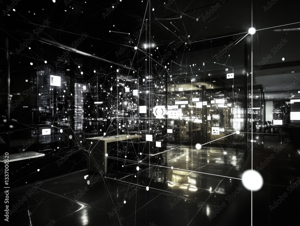 Poster a black and white photo of a room filled with various light sources, suitable for use in designs rel