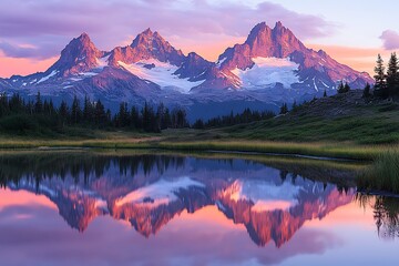 Fototapeta premium Majestic Mountain Range Reflection at Sunrise Pink and Purple Sky Serenity